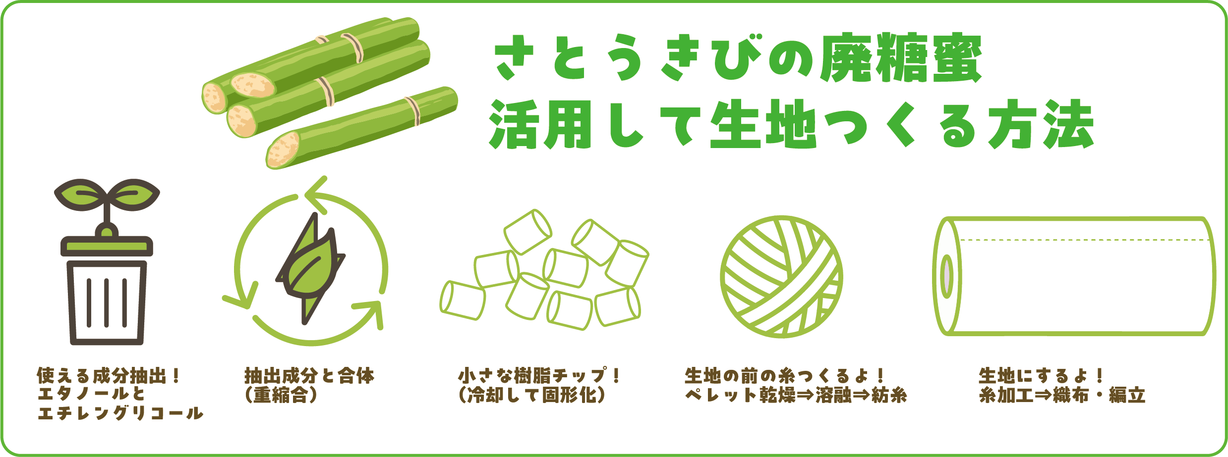 【フロー図：バイオマス生地の製造工程】サトウキビ搾汁→廃糖蜜発生→植物由来EG（エチレングリコール）抽出→重合・製糸→バイオマス生地（バイオスポンジ、トロピカル、トロマット）完成までのステップを視覚化した図。ワイドアスペクト。推奨サイズ：900x300px。